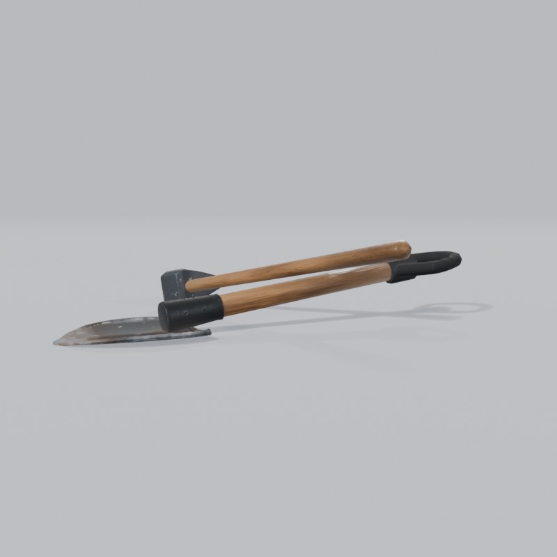 Camp axe and short shovel, crossed, front view