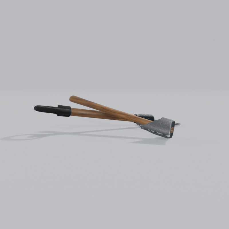 Camp axe and short shovel, crossed, back view
