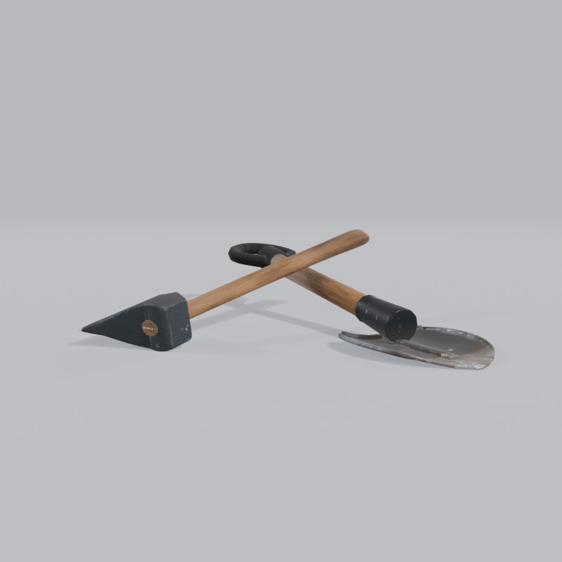 Camp axe and short shovel, crossed, left view