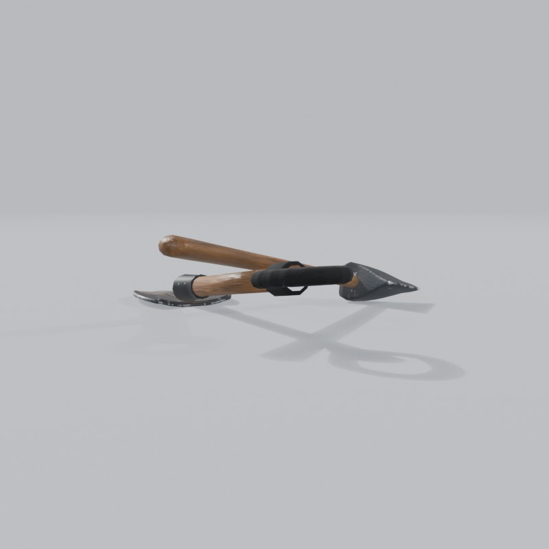 Camp axe and short shovel, crossed, right view