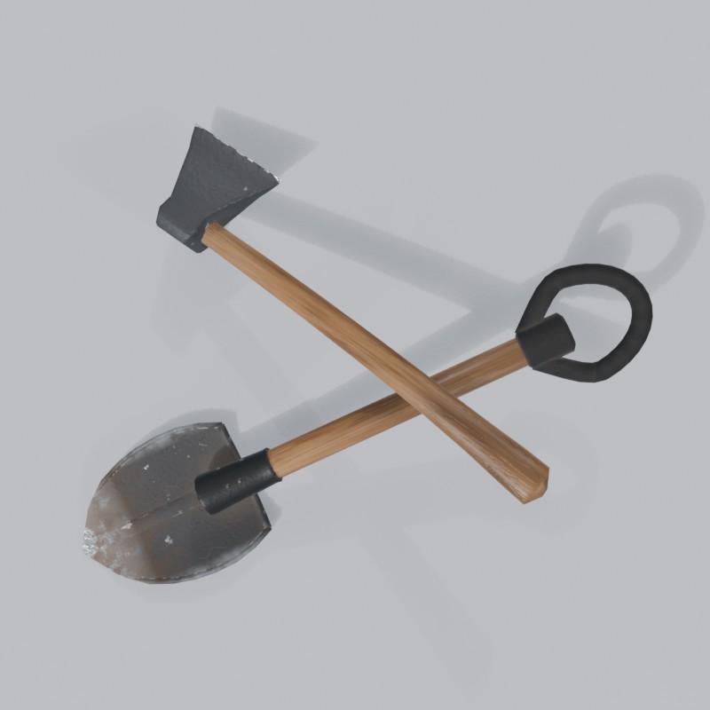 Camp axe and short shovel, crossed, top view