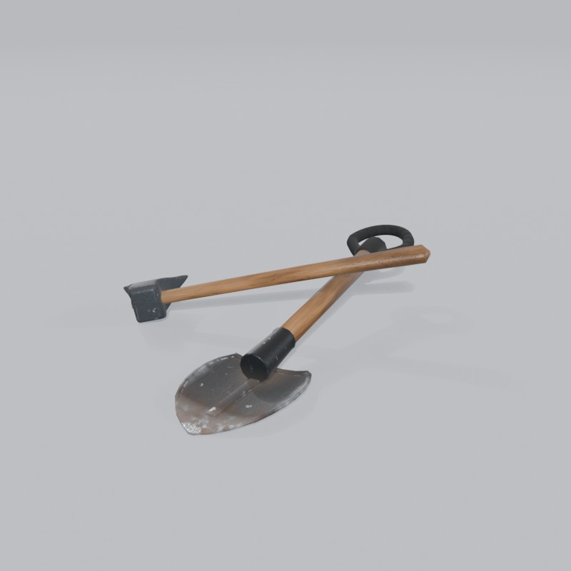 Camp axe and short shovel, crossed, three-quarter view