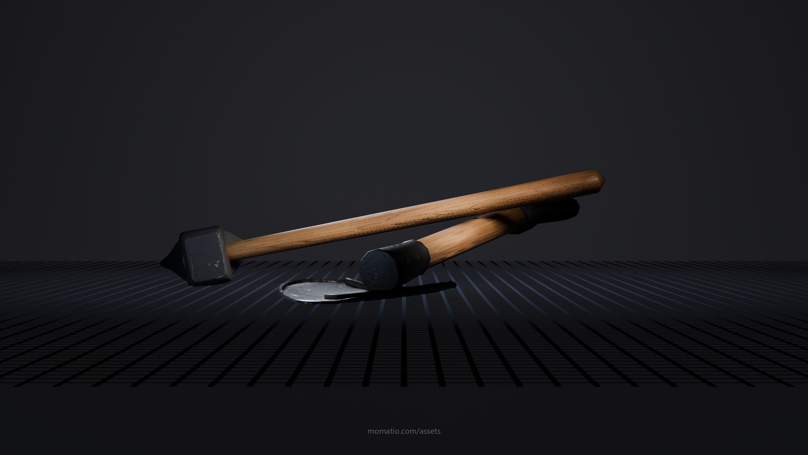 Camp axe and short shovel, crossed in a dark photo studio, lit like a product shot