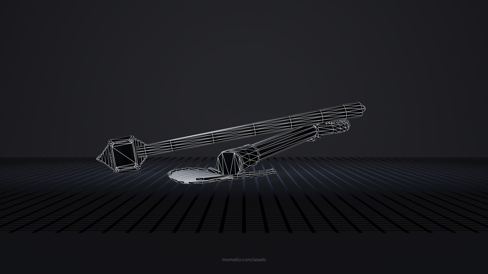 Camp axe and short shovel, crossed as a wireframe: the edges of its triangles on a dark studio floor