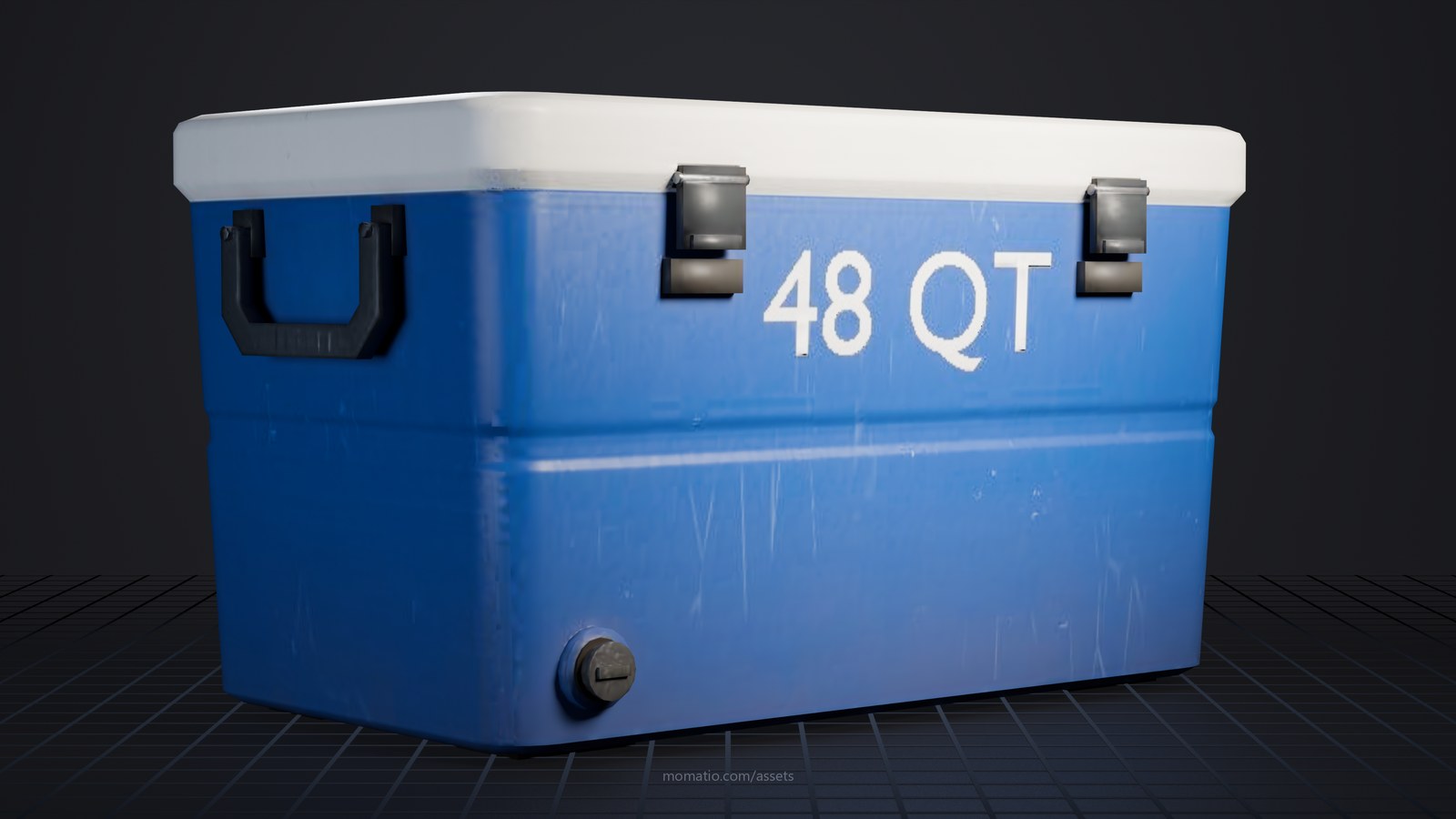 48-quart camp cooler in a dark photo studio, lit like a product shot