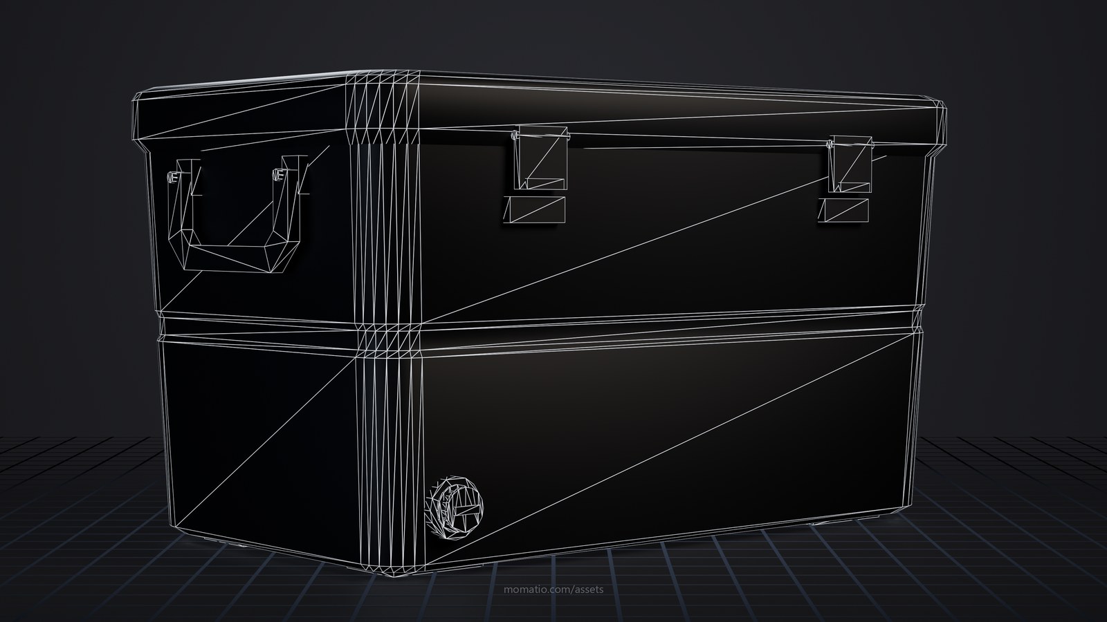 48-quart camp cooler as a wireframe: the edges of its triangles on a dark studio floor