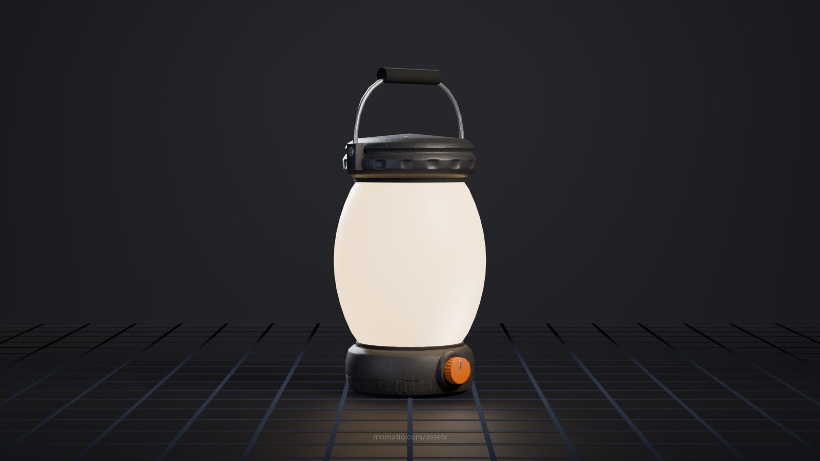 LED camp lantern with wire bail in a dark photo studio, lit like a product shot