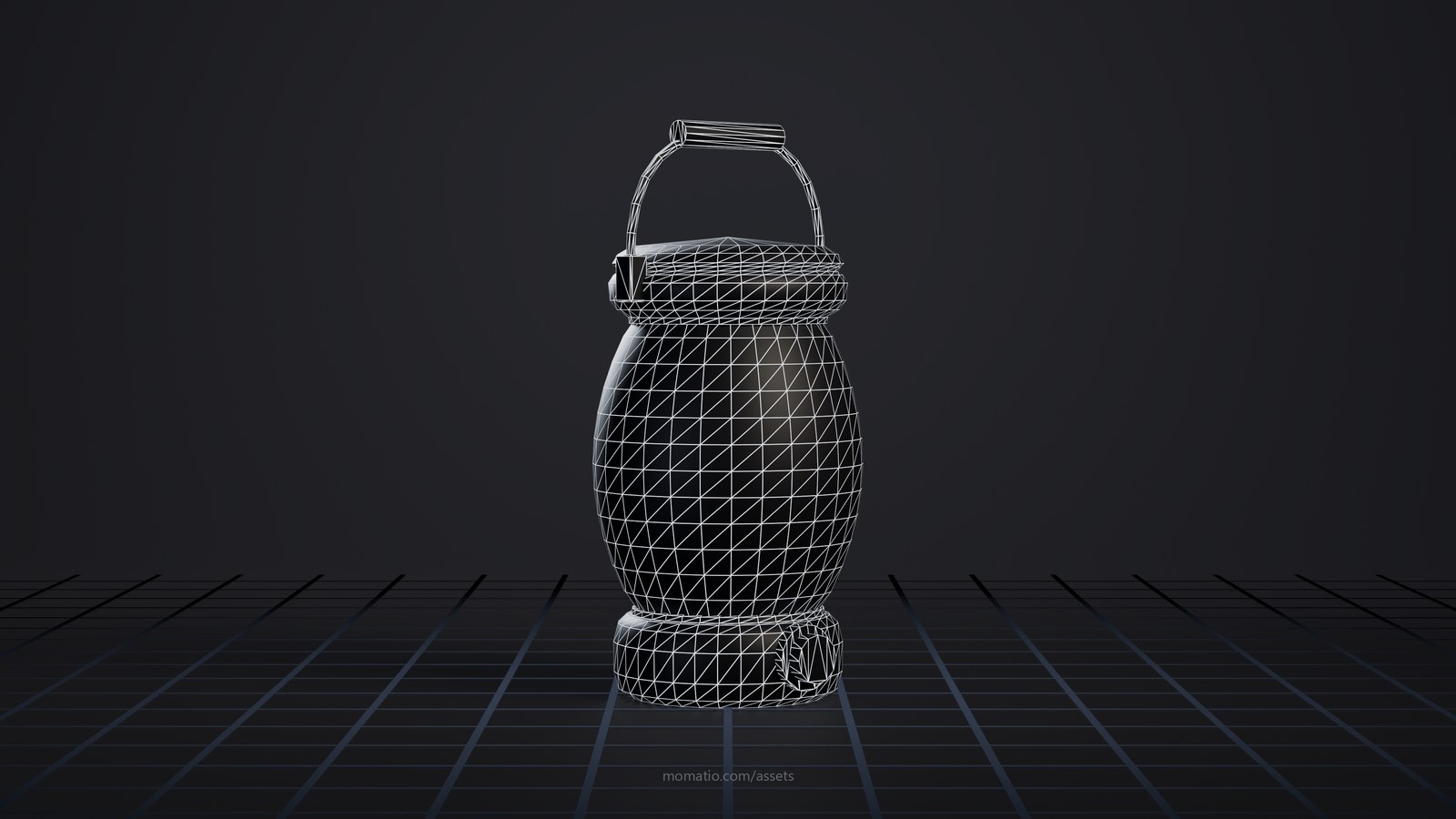 LED camp lantern with wire bail as a wireframe: the edges of its triangles on a dark studio floor