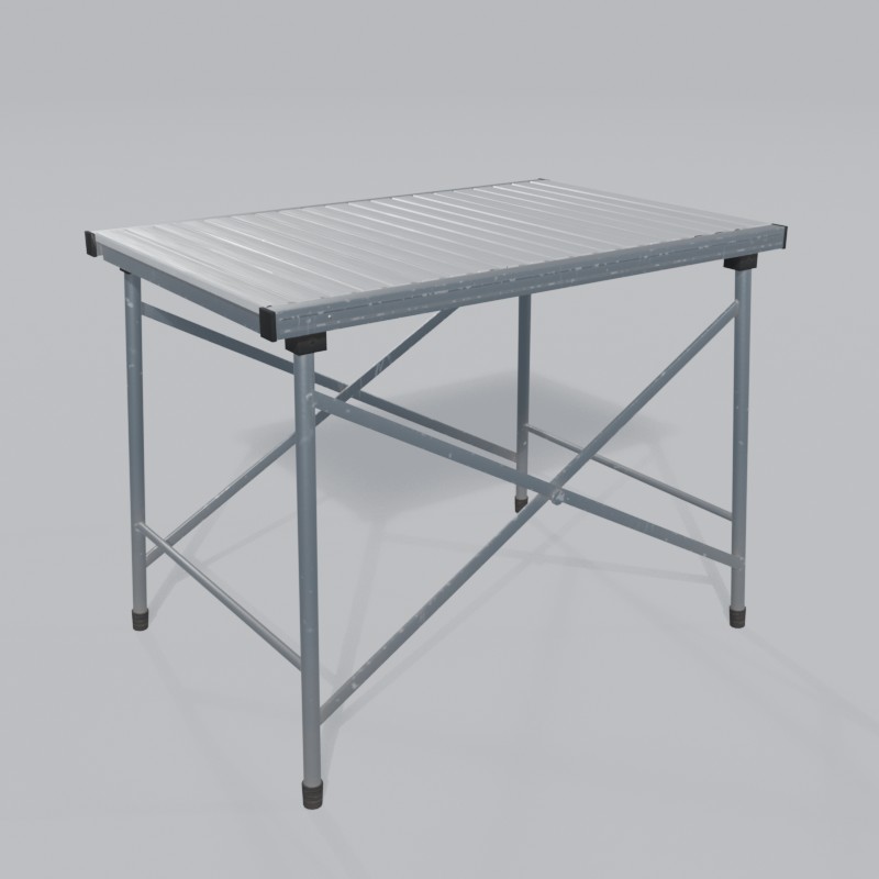 Folding aluminum roll-up camp table, three-quarter view