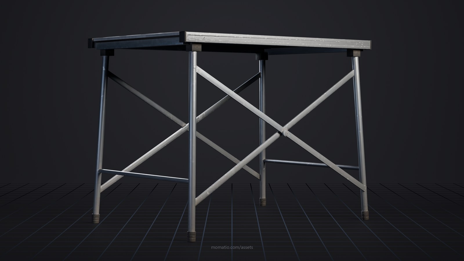Folding aluminum roll-up camp table in a dark photo studio, lit like a product shot