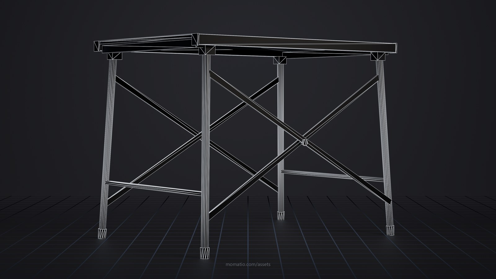 Folding aluminum roll-up camp table as a wireframe: the edges of its triangles on a dark studio floor