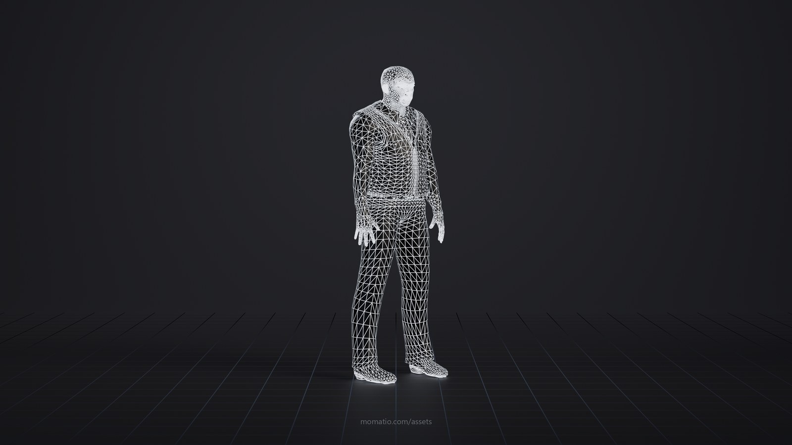 Dave, overlander as a wireframe: the edges of its triangles on a dark studio floor