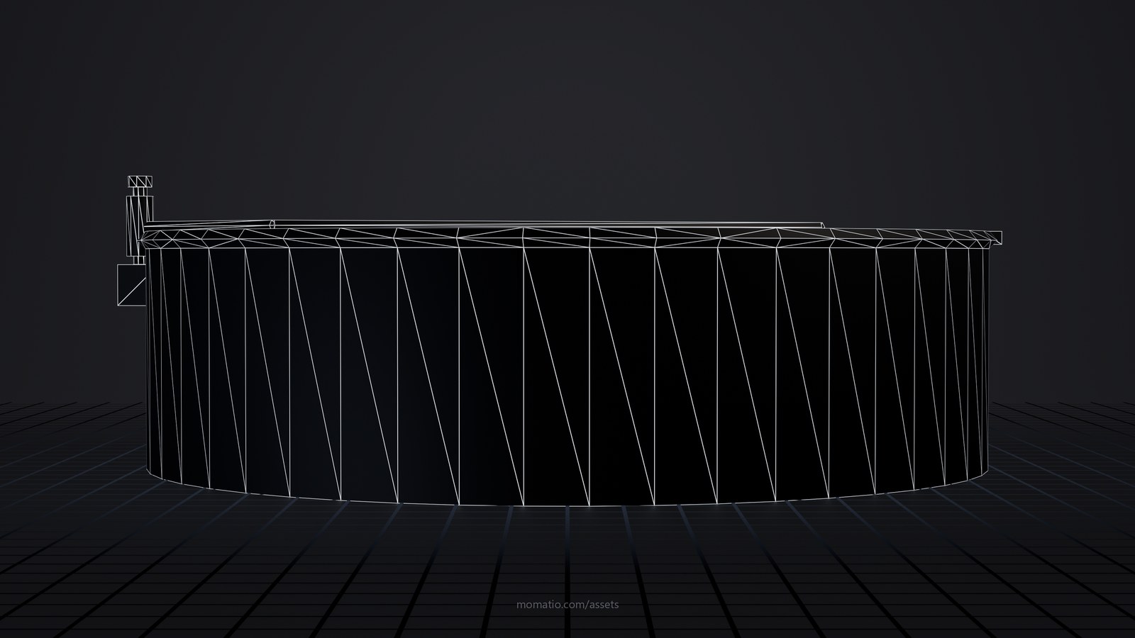 Forest Service steel campfire ring as a wireframe: the edges of its triangles on a dark studio floor
