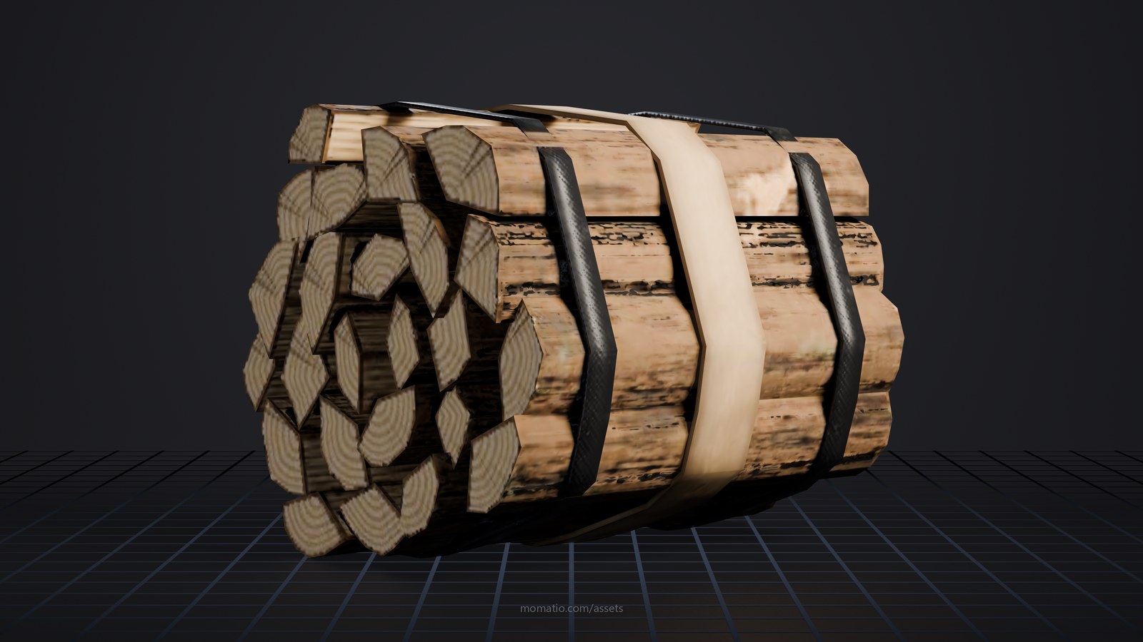 Store-bought firewood bundle in a dark photo studio, lit like a product shot