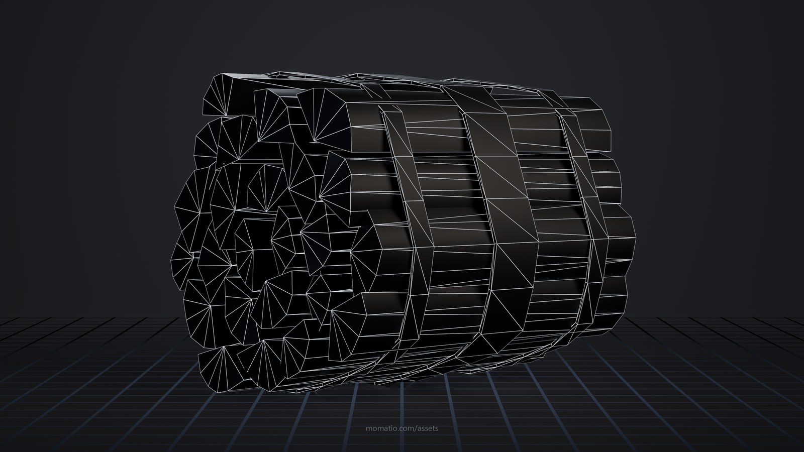 Store-bought firewood bundle as a wireframe: the edges of its triangles on a dark studio floor