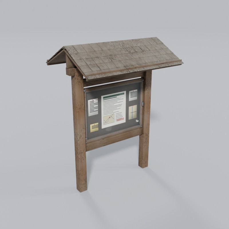Trailhead bulletin board (Forest Service style), three-quarter view