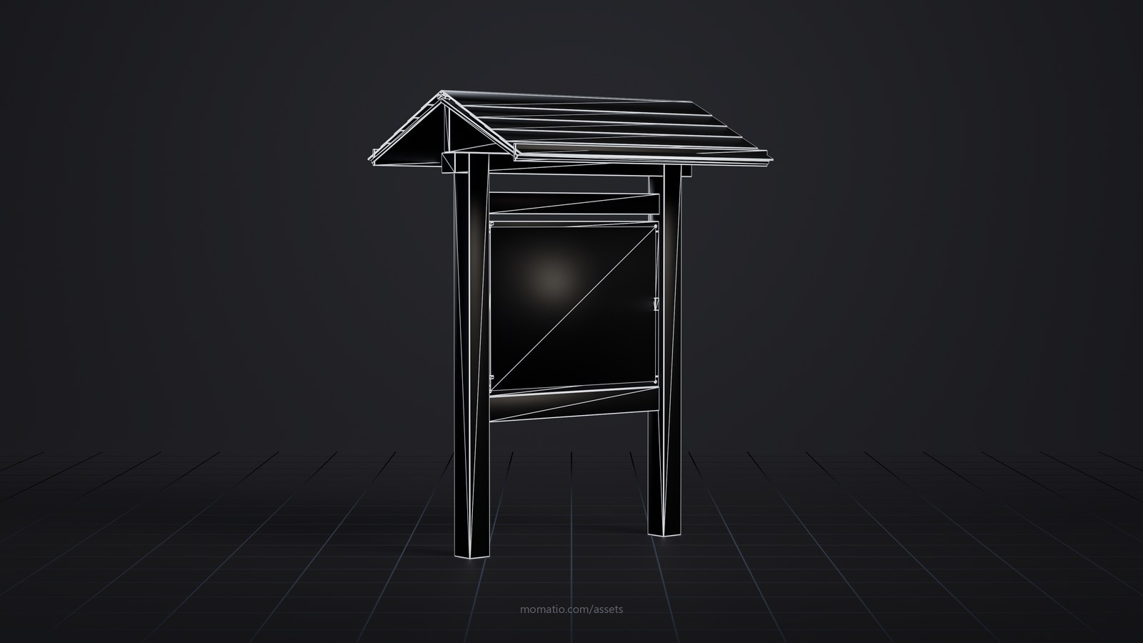 Trailhead bulletin board (Forest Service style) as a wireframe: the edges of its triangles on a dark studio floor