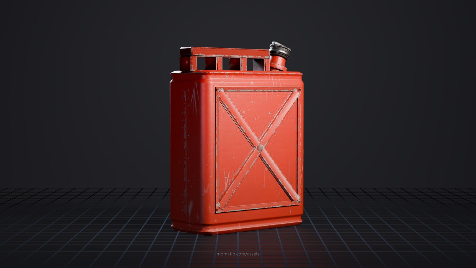 20-liter steel jerry can in a dark photo studio, lit like a product shot