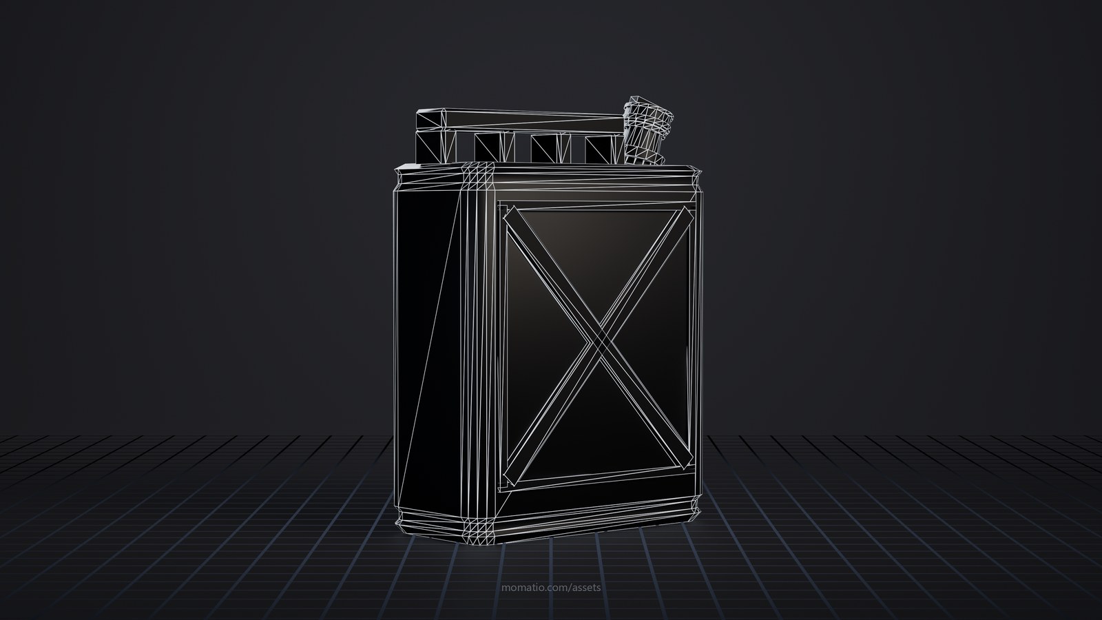 20-liter steel jerry can as a wireframe: the edges of its triangles on a dark studio floor