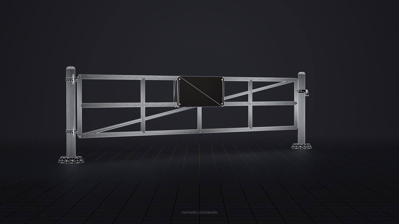 Brown pipe swing gate as a wireframe: the edges of its triangles on a dark studio floor