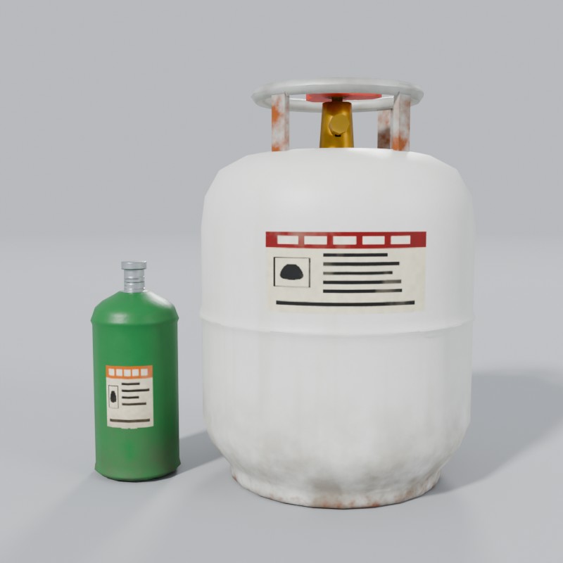 Propane pair: 1 lb green and 20 lb white, front view