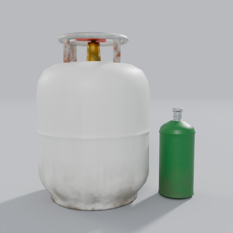 Propane pair: 1 lb green and 20 lb white, back view