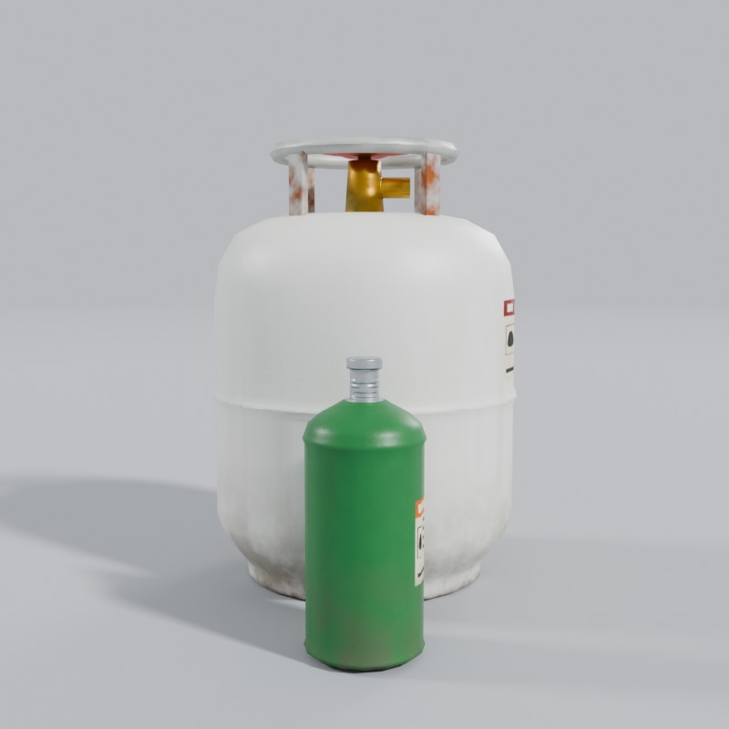 Propane pair: 1 lb green and 20 lb white, left view