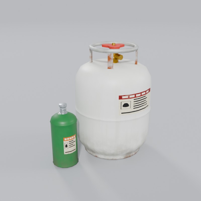 Propane pair: 1 lb green and 20 lb white, three-quarter view