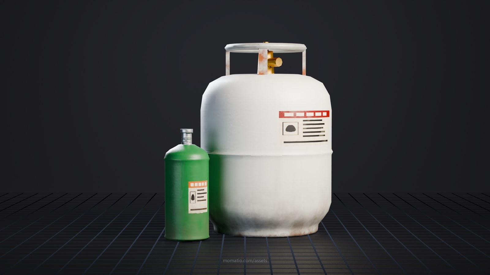 Propane pair: 1 lb green and 20 lb white in a dark photo studio, lit like a product shot