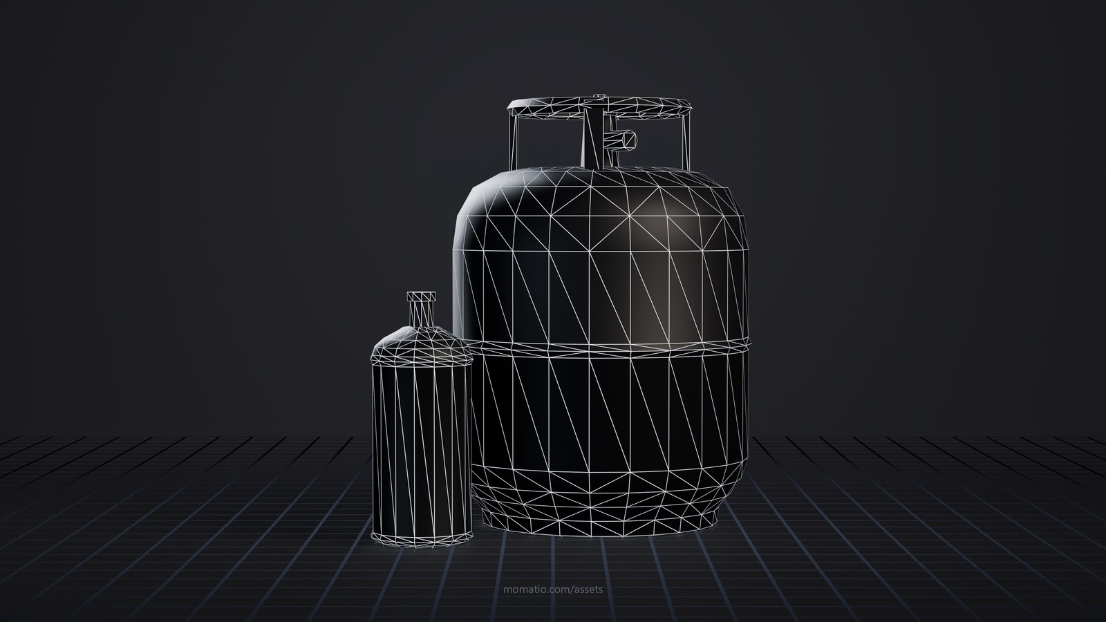 Propane pair: 1 lb green and 20 lb white as a wireframe: the edges of its triangles on a dark studio floor