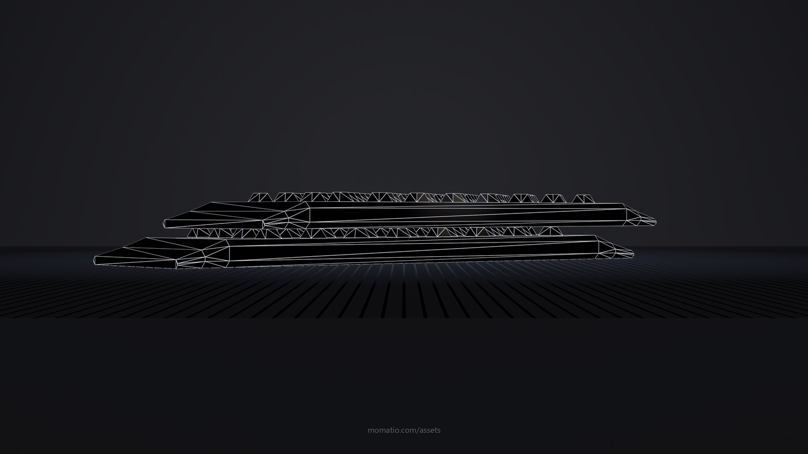 Pair of traction recovery boards as a wireframe: the edges of its triangles on a dark studio floor
