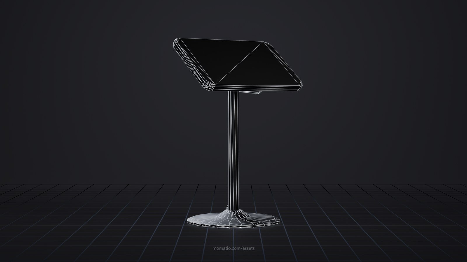 Satellite internet dish on a mast (generic) as a wireframe: the edges of its triangles on a dark studio floor
