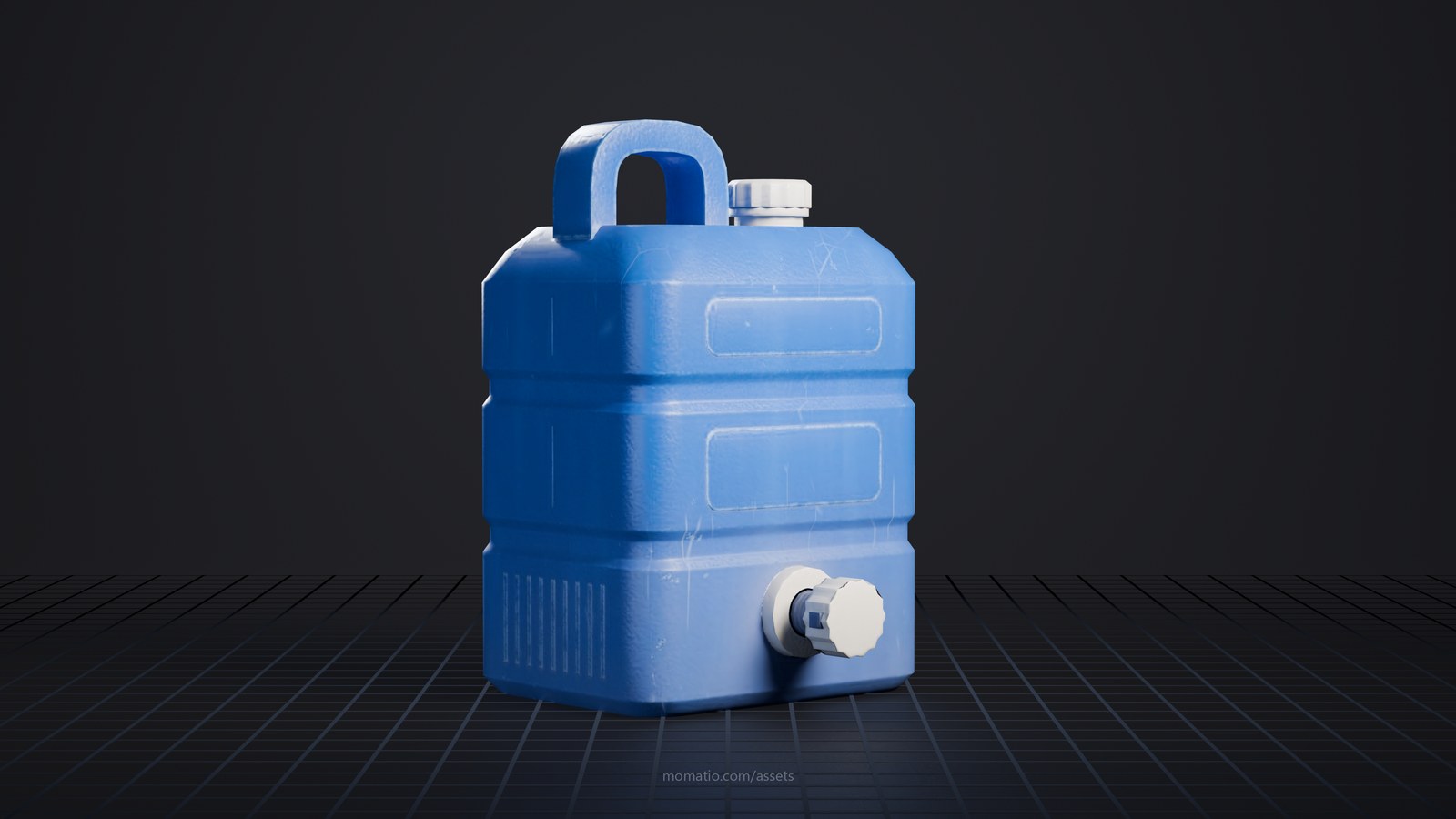 7-gallon blue water jug in a dark photo studio, lit like a product shot