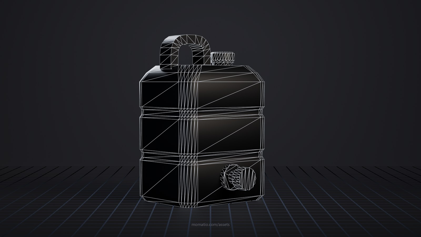 7-gallon blue water jug as a wireframe: the edges of its triangles on a dark studio floor