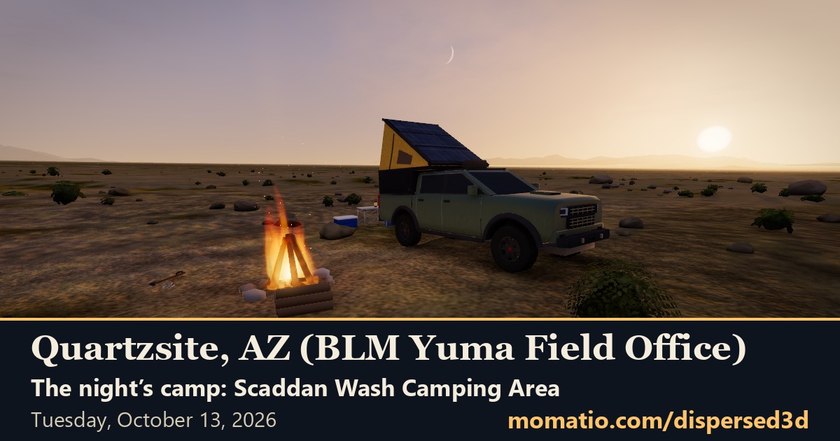 The game’s view of Scaddan Wash Camping Area in Quartzsite, AZ (BLM Yuma Field Office)
