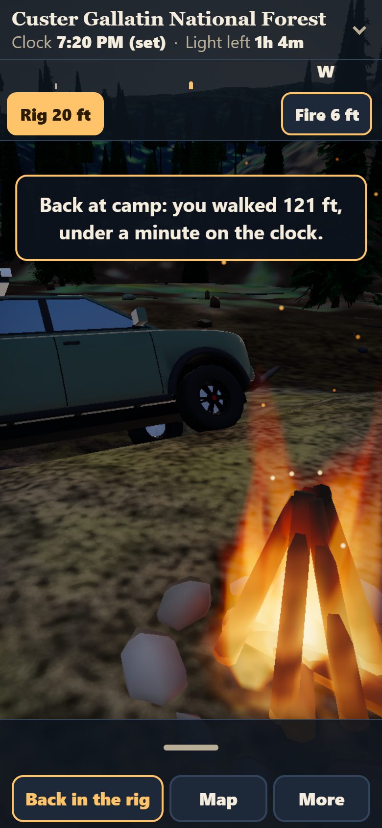 On a phone: back at camp after tapping Rig, the truck and the campfire in view, with the compass band above