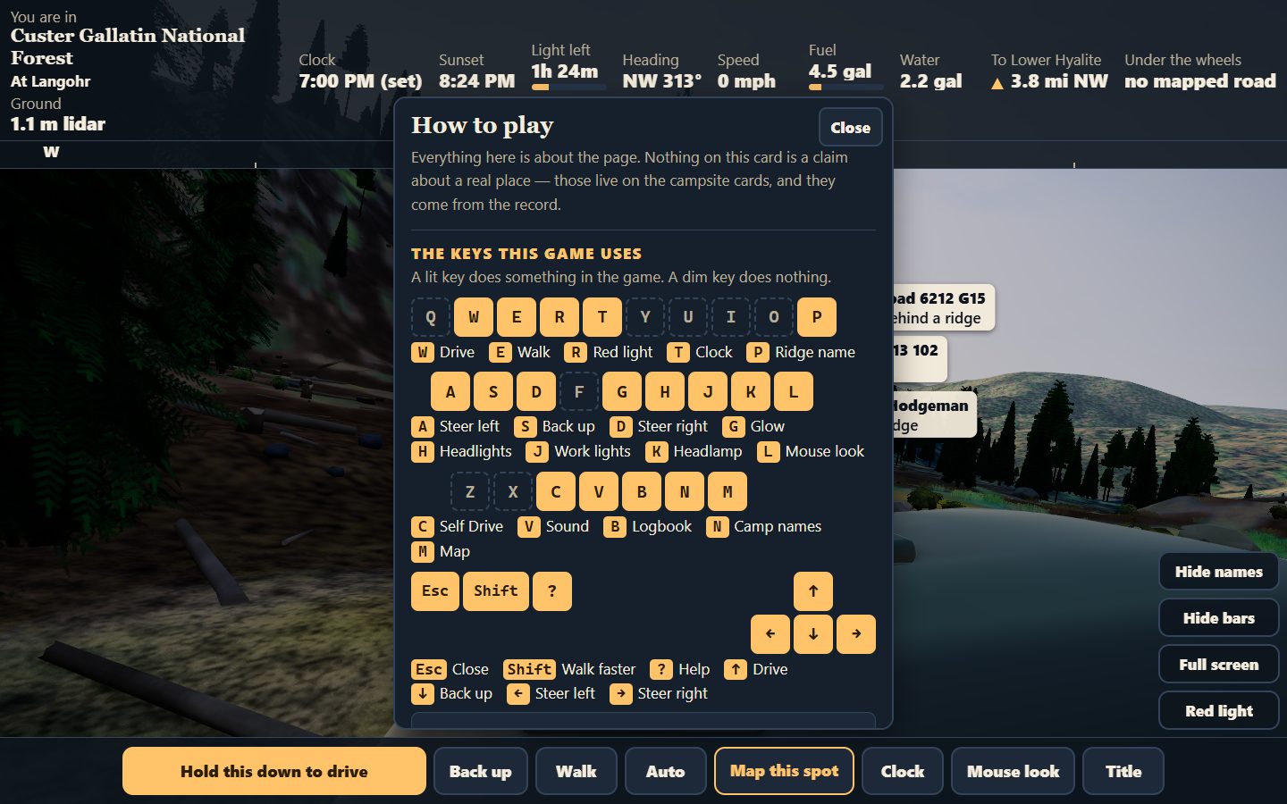 On a computer: the Help and About card with a drawn keyboard, every key the game uses lit and named