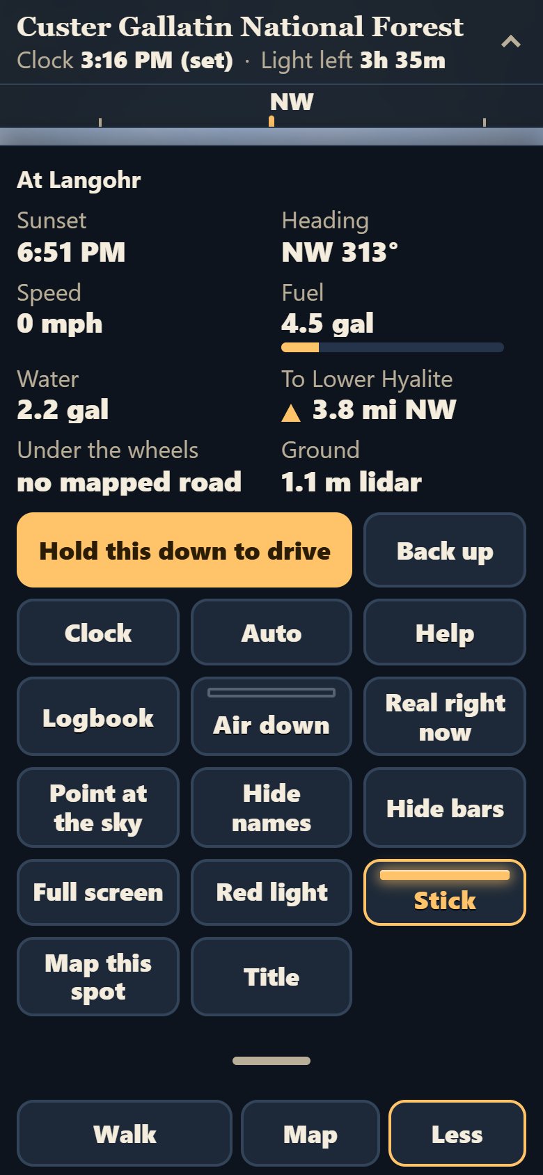 On a phone: the drawer pulled up, with the readings and every button, Help, Logbook, Air down and Real right now among them