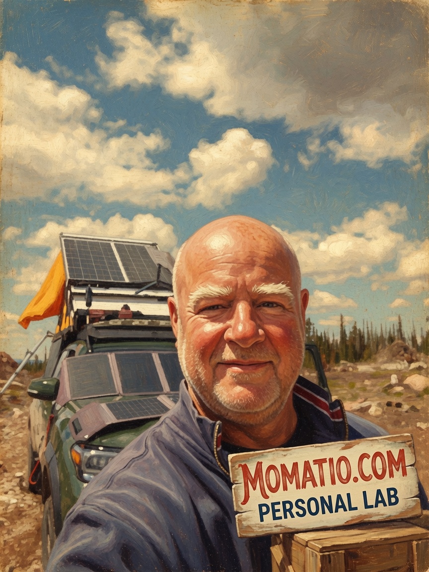 A painted portrait of Dave standing in front of his overland rig — solar panels
                  on the roof rack, an orange flag, pines and open sky behind him — holding a
                  hand-lettered wooden sign that reads MOMATIO.COM, PERSONAL LAB.